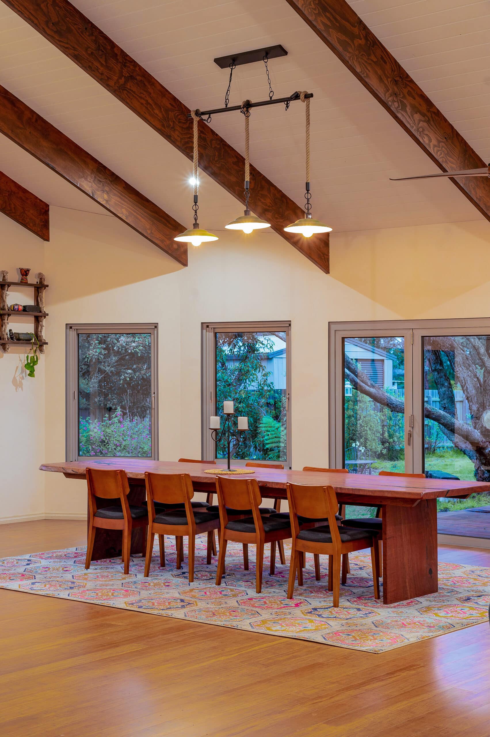 Renovated dining area with high ceilings